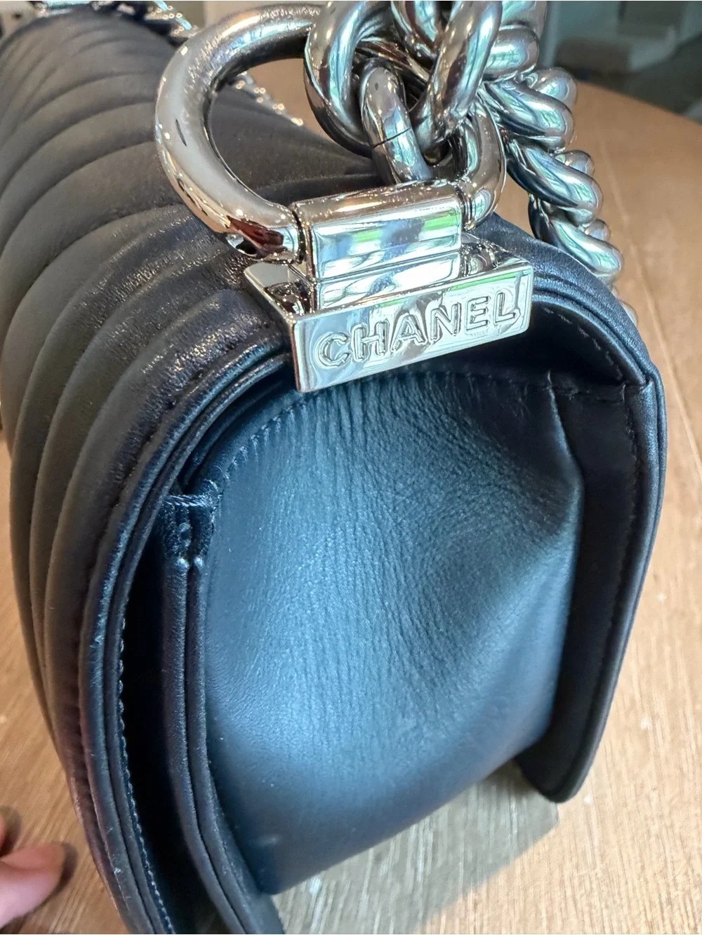 CHANEL Black Chevron Quilted Le Boy Bag with rare Silver-Tone Hardware